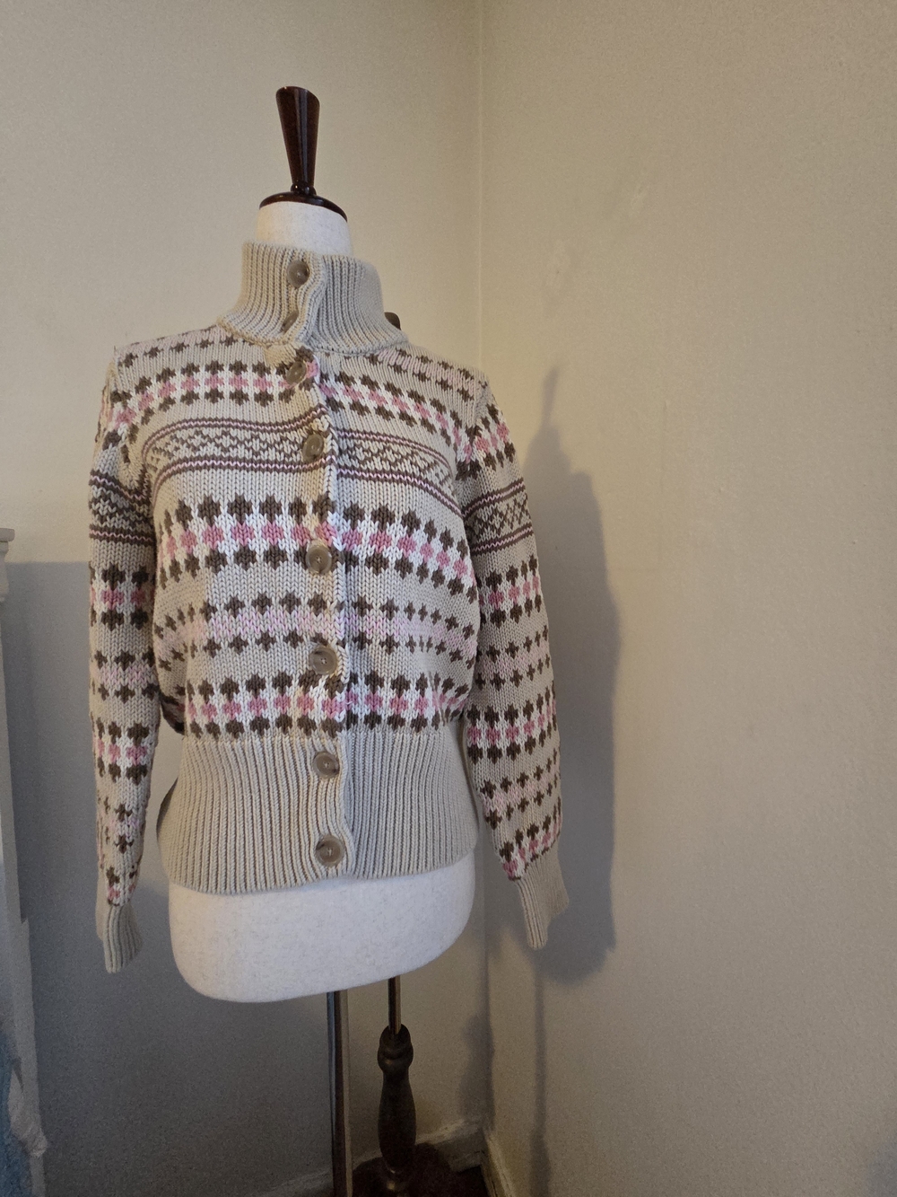 Ann Taylor Cream Sweater Cardigan with Pink & Brown Pattern